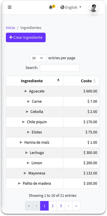 Gestión de Ingredientes